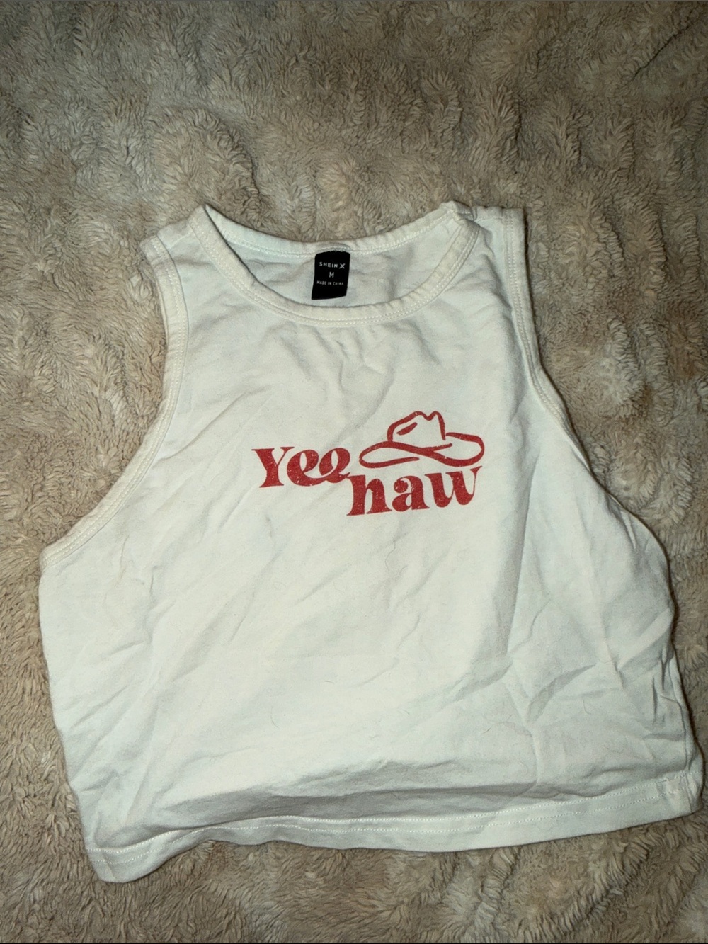 White Crop Tank with Red "Yeehaw" Graphic